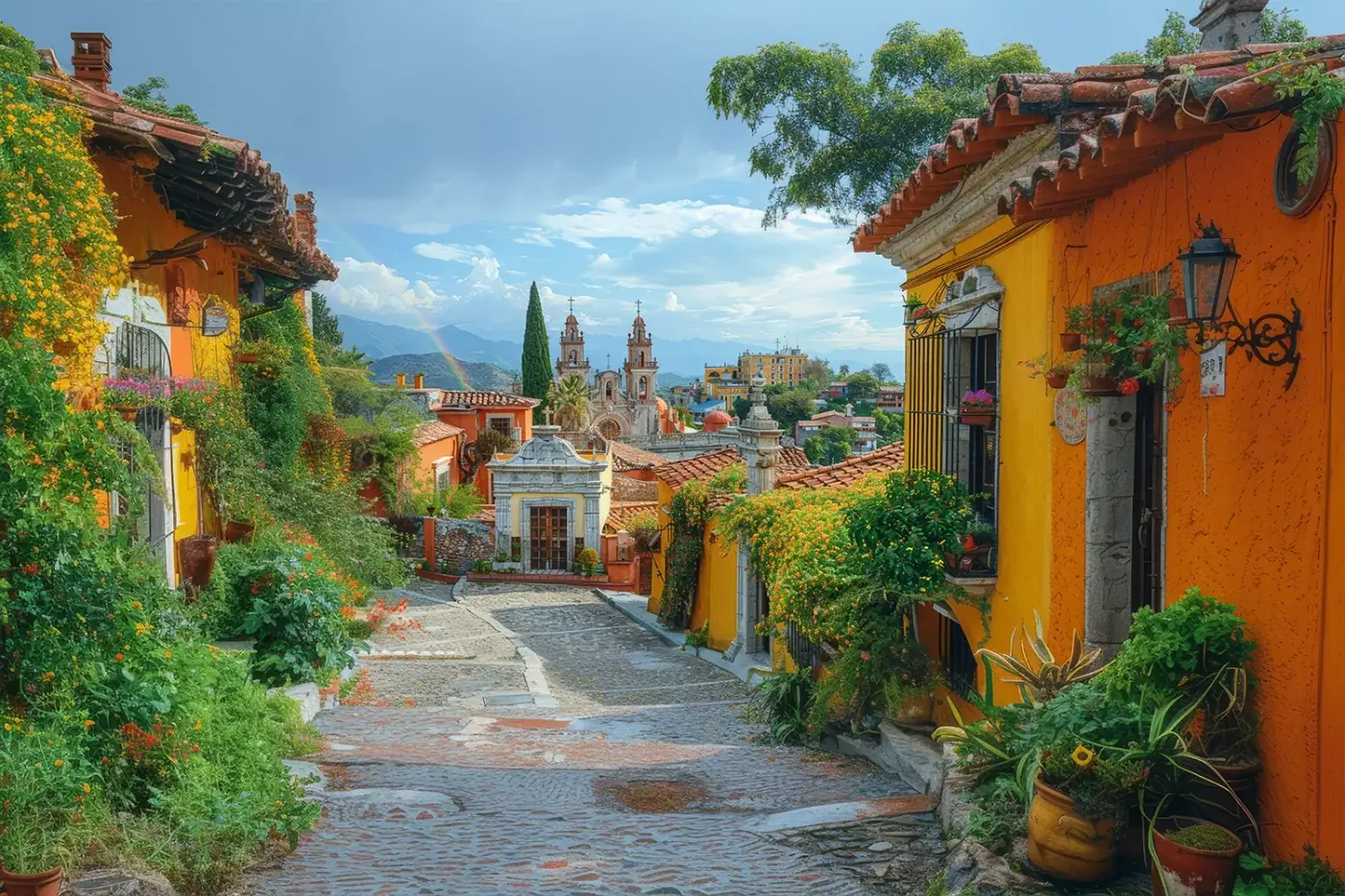 Calle empedrada de una ciudad colonial mexicana, con fachadas ocres y buganvillas
