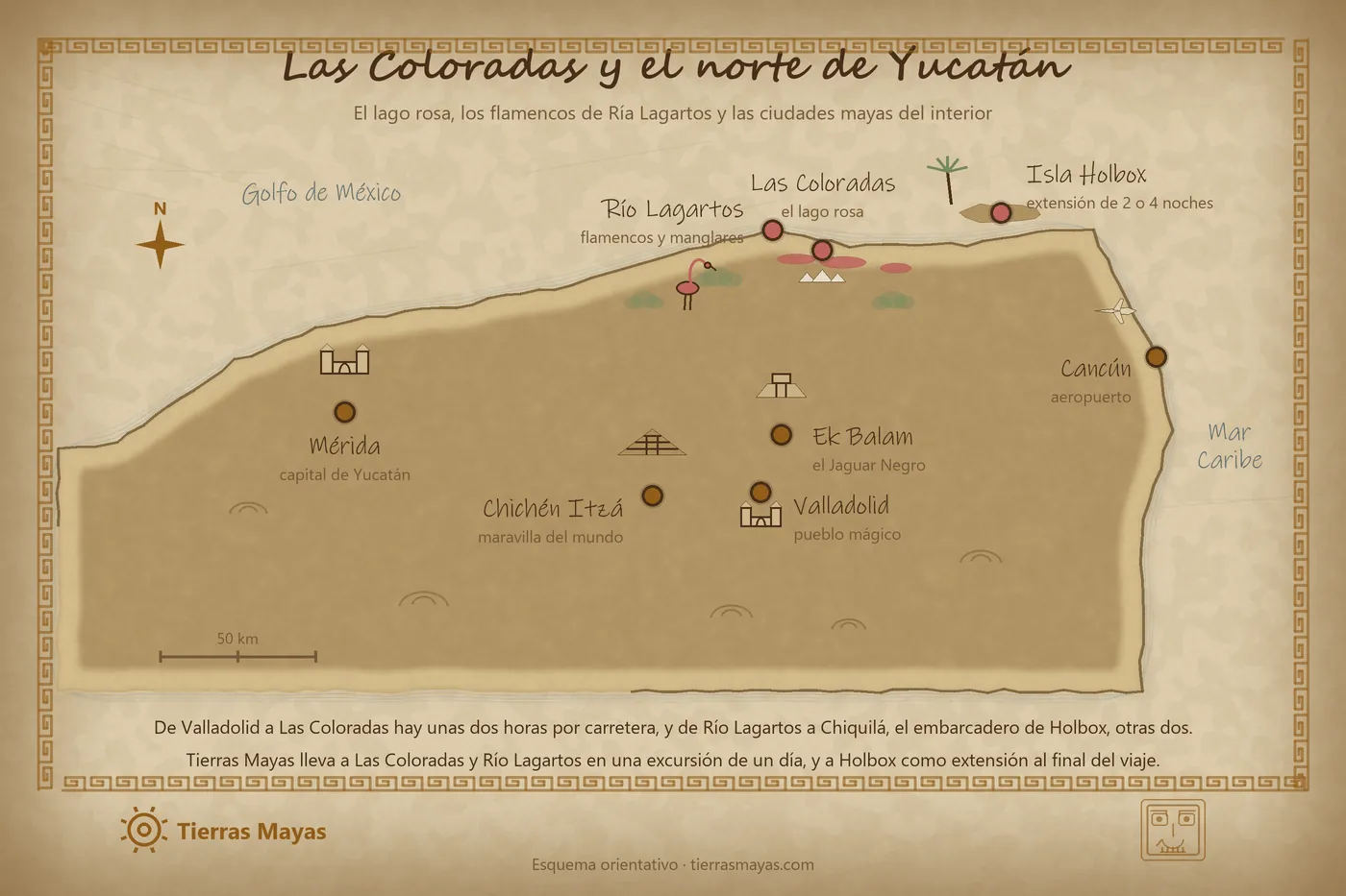 Mapa del norte de Yucatán: Las Coloradas y su lago rosa, Río Lagartos con sus flamencos, la isla de Holbox, y Ek Balam, Valladolid, Chichén Itzá, Mérida y Cancún