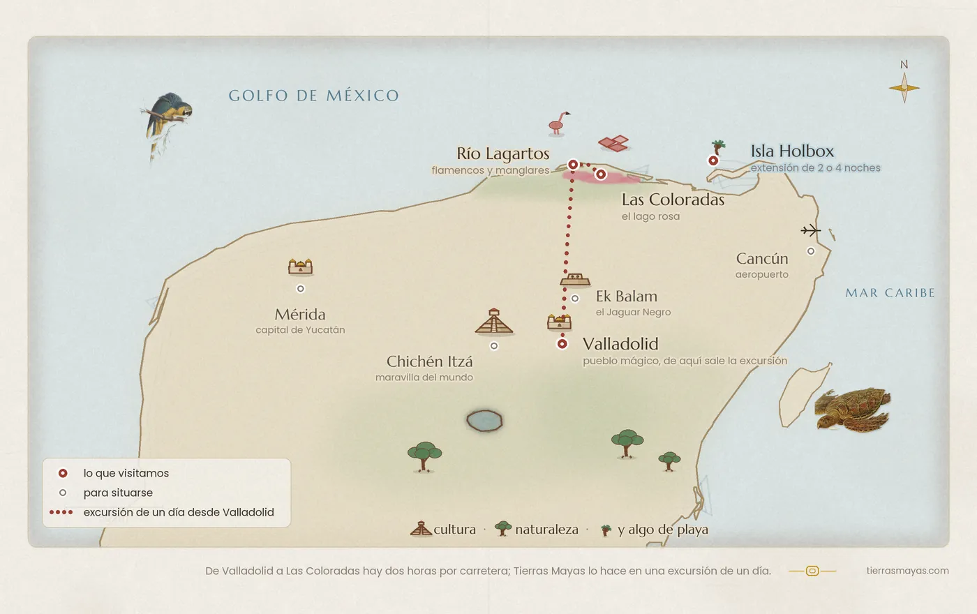 Mapa ilustrado del norte de Yucatán con Las Coloradas y su lago rosa, Río Lagartos, Isla Holbox, Ek Balam, Valladolid, Chichén Itzá, Mérida y Cancún, y la excursión de un día desde Valladolid
