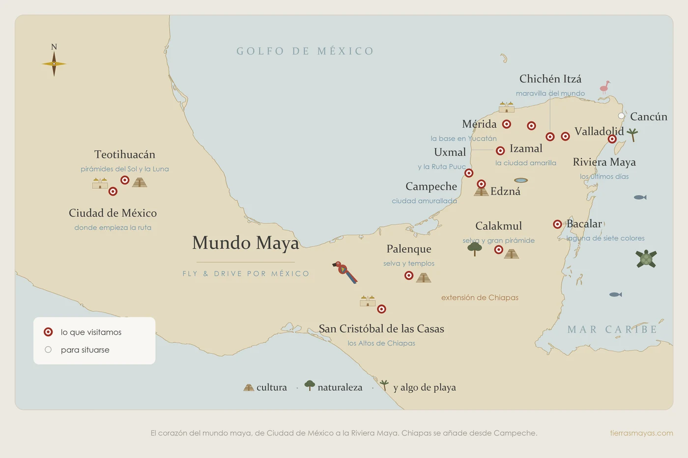 Mapa del mundo maya de las rutas Fly & Drive de Tierras Mayas. Lugares que se visitan: Ciudad de México y Teotihuacán, Mérida, Izamal, Chichén Itzá, Valladolid, Uxmal y la Ruta Puuc, Campeche, Edzná, Calakmul, Bacalar y la Riviera Maya. Cancún aparece solo para situarse. Palenque y San Cristóbal de las Casas se señalan como extensión de Chiapas, que se añade desde Campeche.