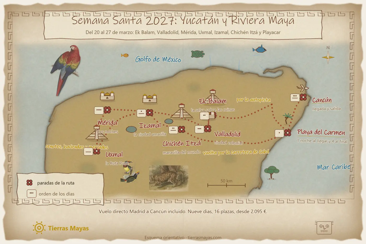 Mapa del recorrido: Cancún, Playa del Carmen, Ek Balam por la autopista, Valladolid, Mérida, Uxmal, Izamal, Chichén Itzá y vuelta a Playacar por la carretera de Cobá