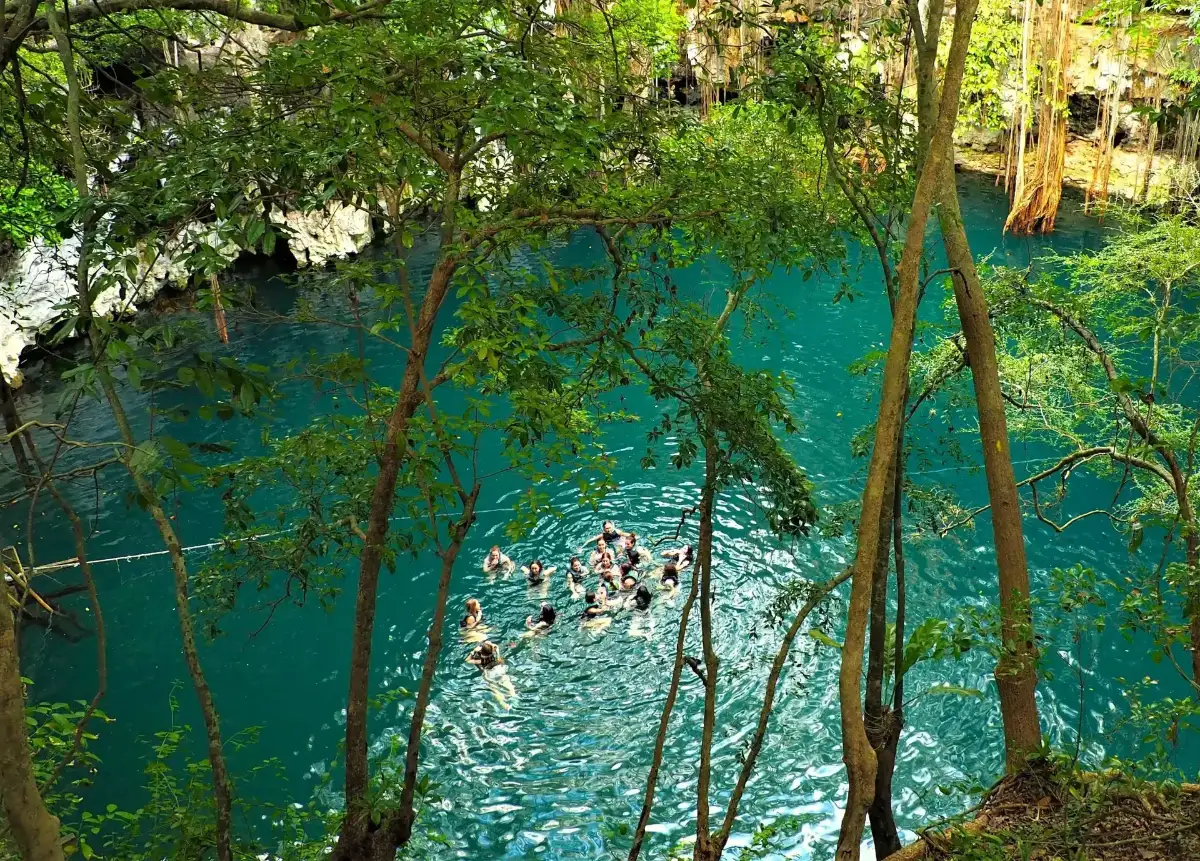 Viajeros bañándose en un cenote abierto rodeado de selva en la península de Yucatán