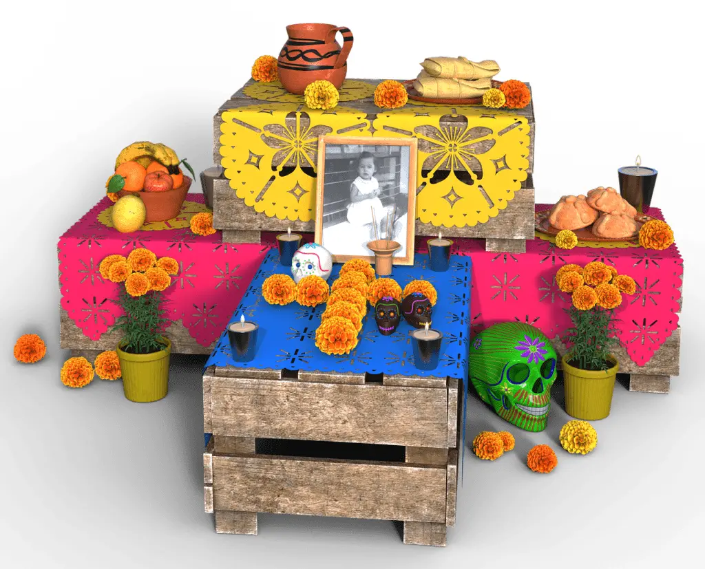 Altar de Día de Muertos con flores de cempasúchil, calaveras y una fotografía