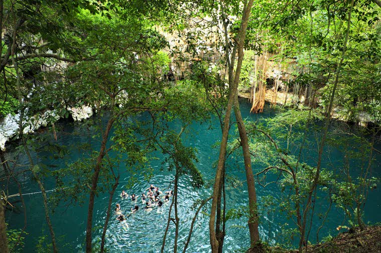 Cenote de agua turquesa rodeado de selva, con la luz entrando desde arriba