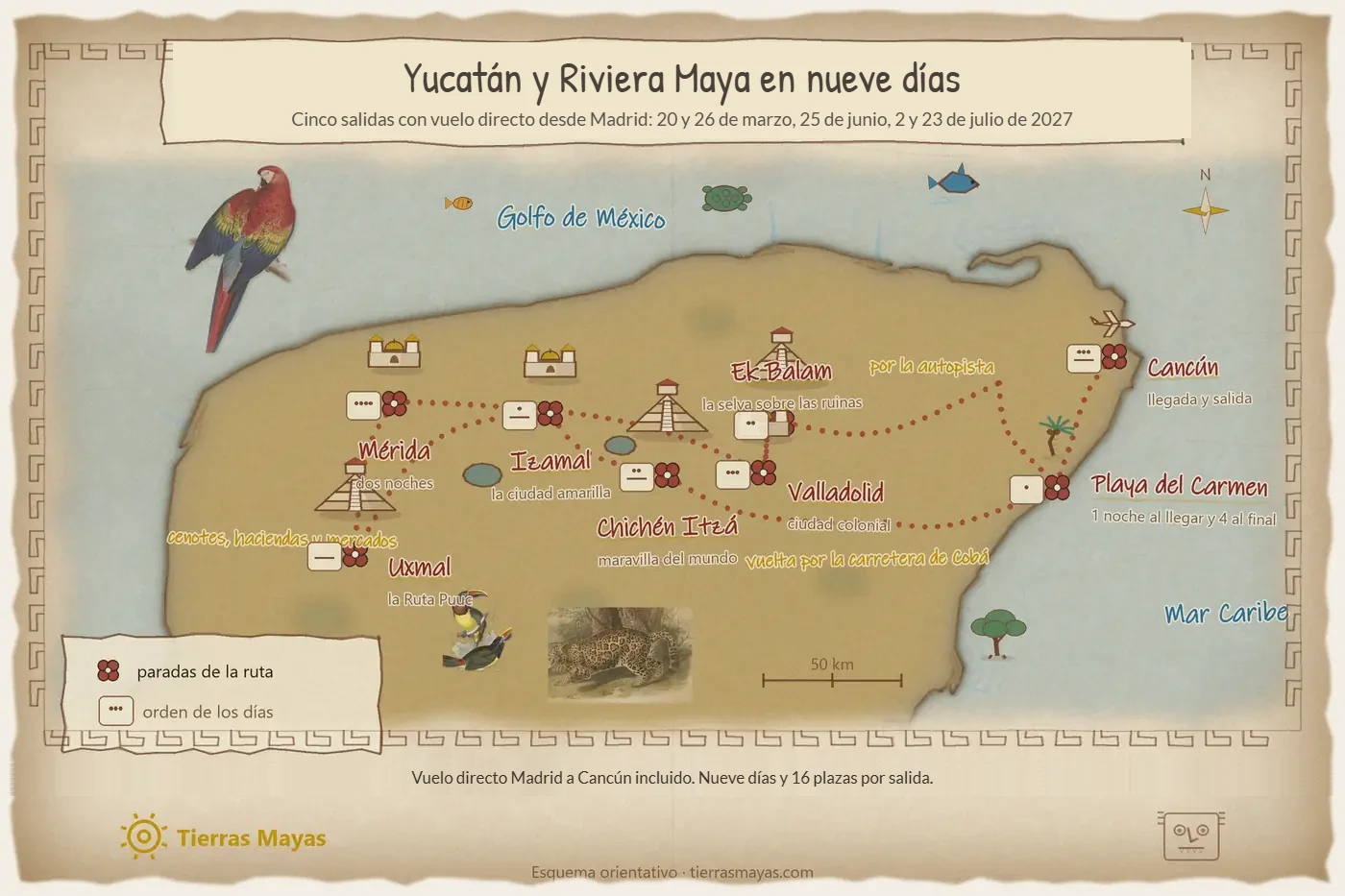 Mapa del recorrido: Cancún, Playa del Carmen, Ek Balam por la autopista, Valladolid, Mérida, Uxmal, Izamal, Chichén Itzá y vuelta a Playacar por la carretera de Cobá