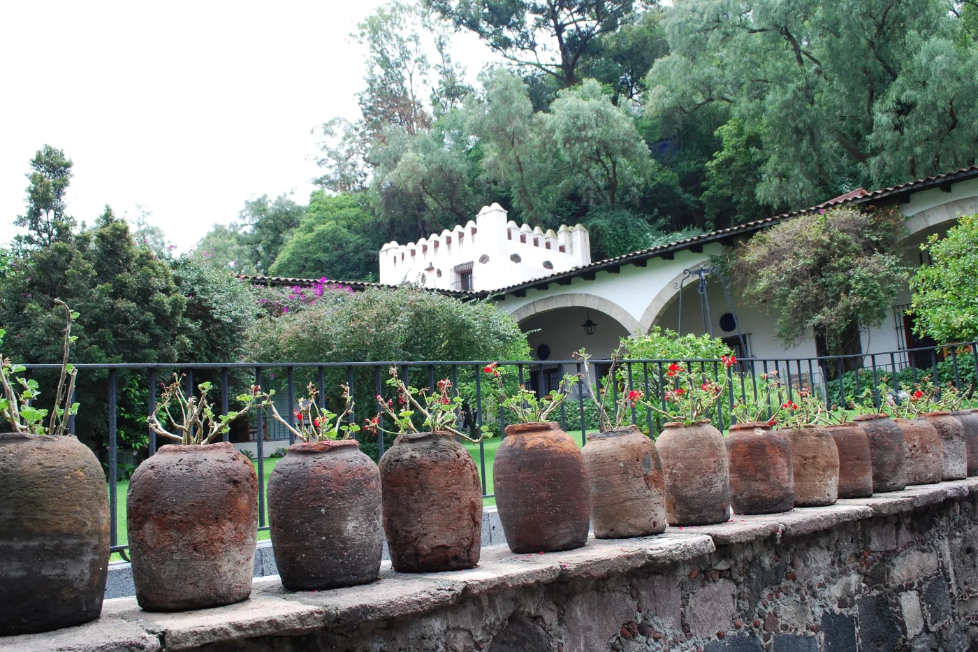 Tinajas de barro alineadas en el jardín de la Hacienda La Noria, Museo Dolores Olmedo